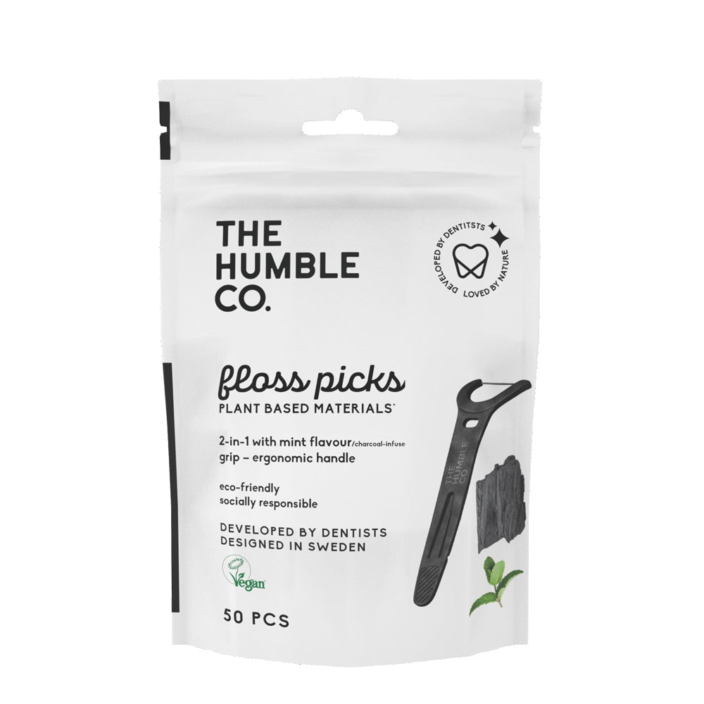 The Humble Co Dental Floss Picks - Mint Charcoal Grip 50pc